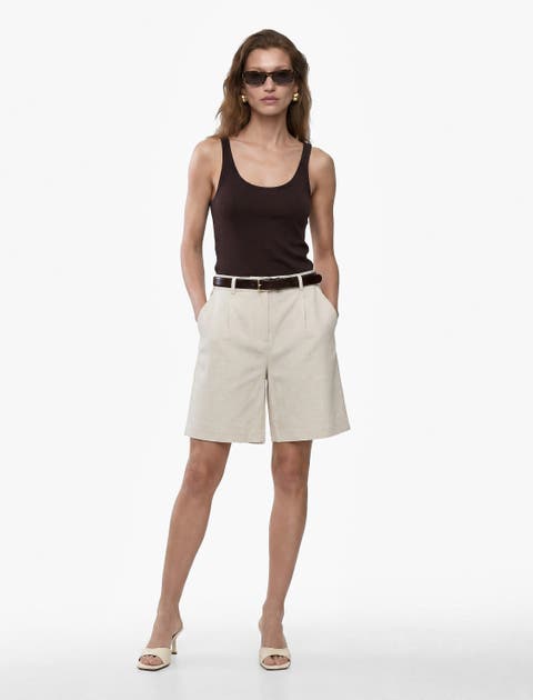Linen Blend Pleated Mid-Rise Tailored Shorts with Belt