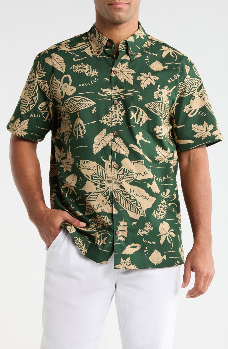 Kahala E Kipa Mai Print Cotton Short Sleeve Button-Down Shirt, Main, color, Pine
