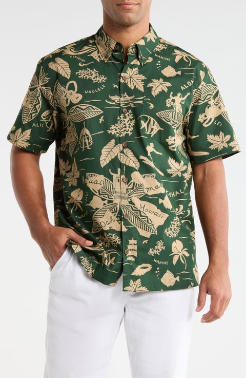 E Kipa Mai Print Cotton Short Sleeve Button-Down Shirt