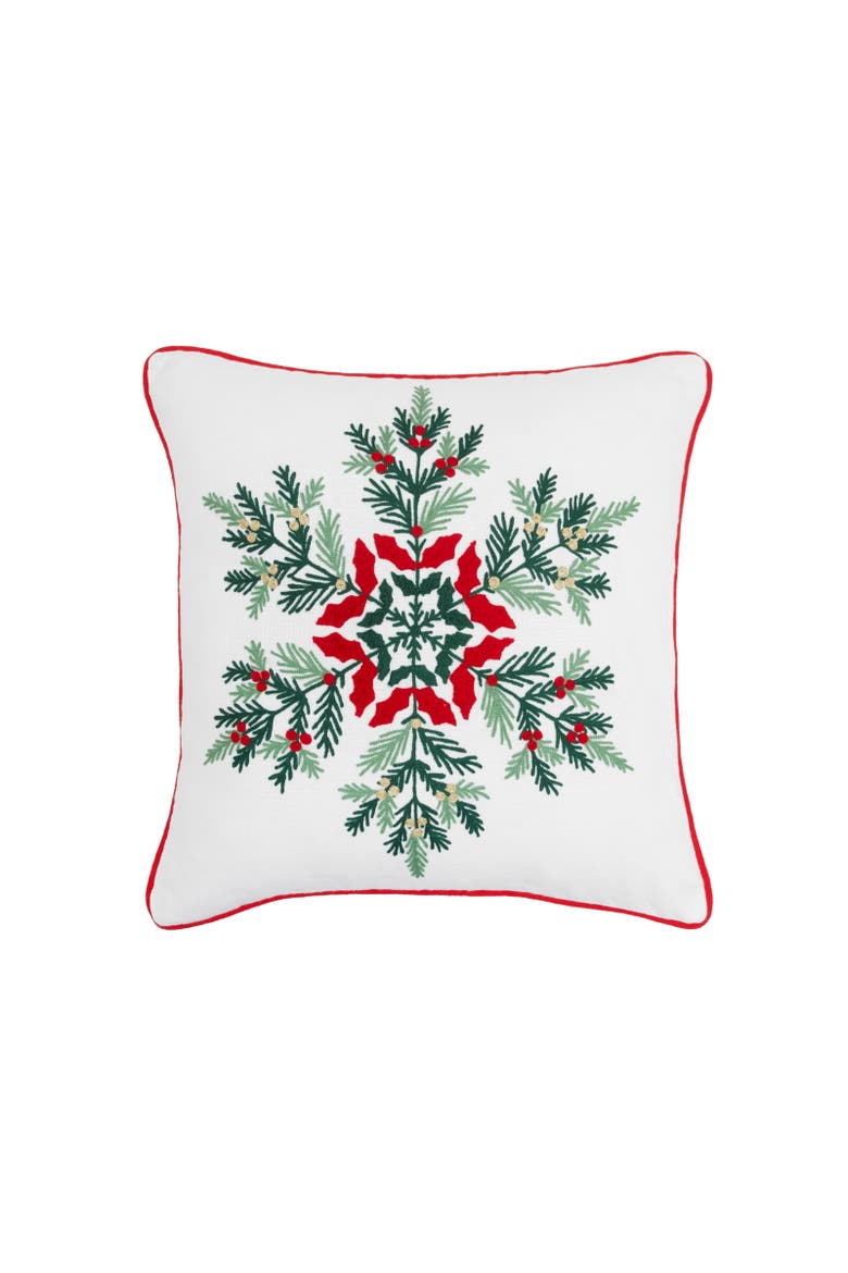 Botanical Snowflake with Berries Christmas Throw Pillow 18" x 18", Main, color, Green