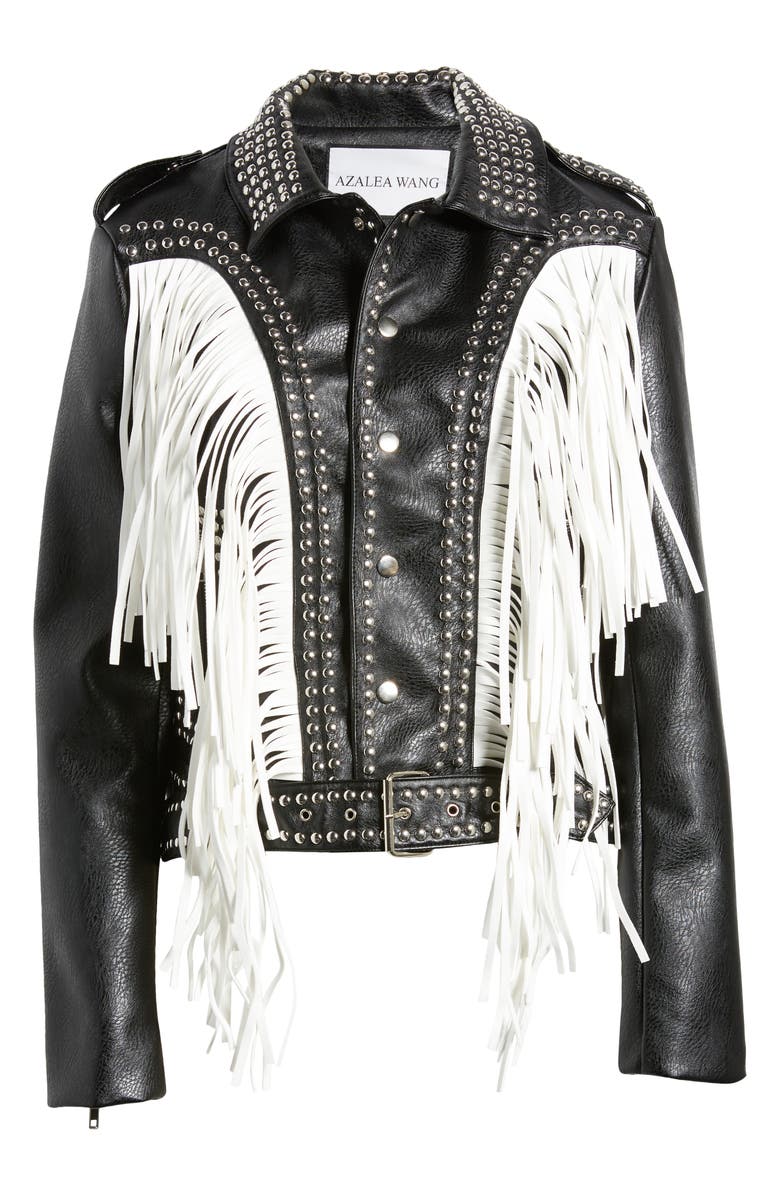 AZALEA WANG Beaded Fringe Detail Faux Leather Moto Jacket, Alternate, color, 