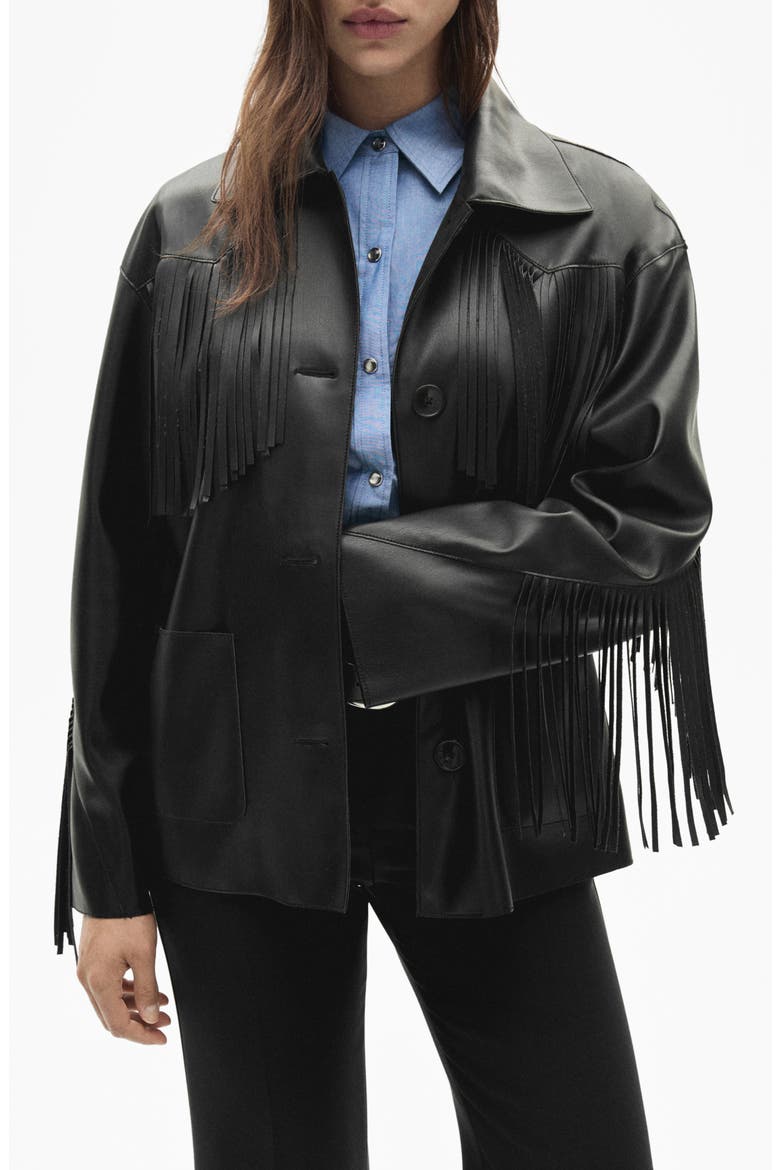 Fringe Trim Faux Leather Jacket, Main, color, BLACK
