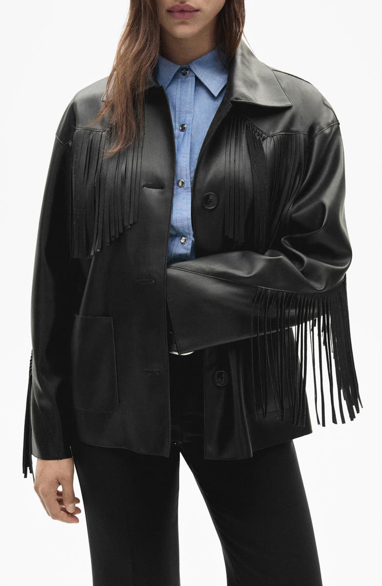 MANGO Fringe Trim Faux Leather Jacket, Main, color, Black