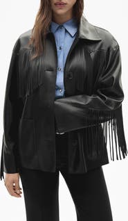 MANGO Fringe Trim Faux Leather Jacket