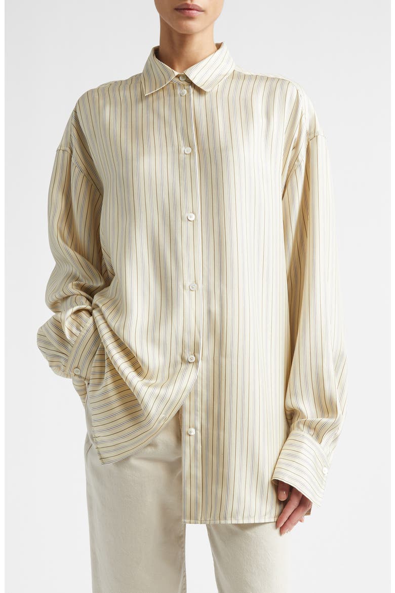 Oversize Stripe Silk Button-Up Shirt, Main, color, BEIGE/ BROWN