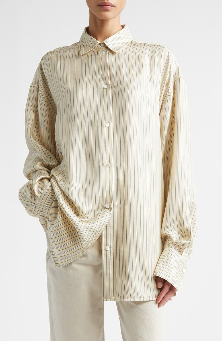 TOTEME Oversize Stripe Silk Button-Up Shirt, Main, color, Beige/ Brown