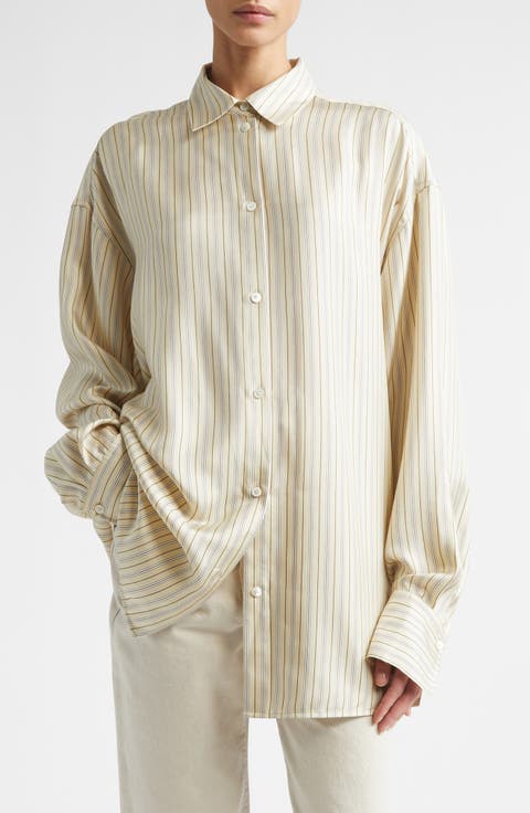 Oversize Stripe Silk Button-Up Shirt