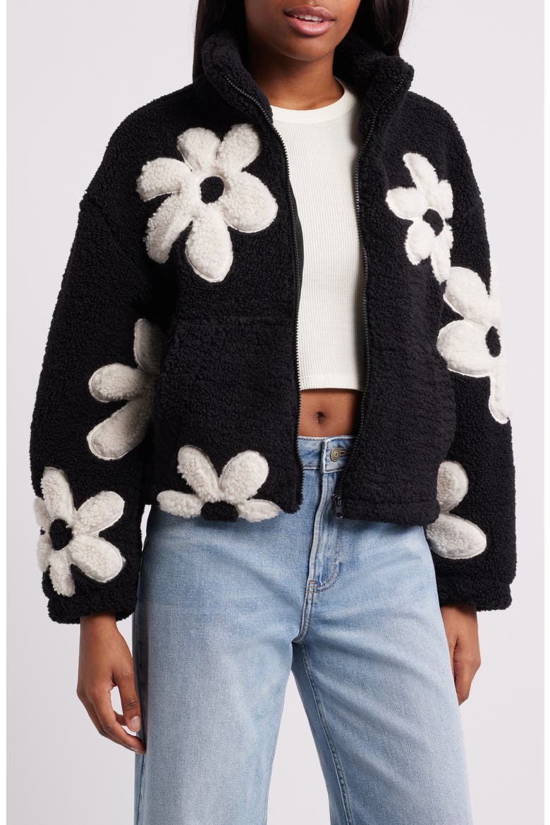 High Pile Fleece Floral Jacket, Main, color, BLACK
