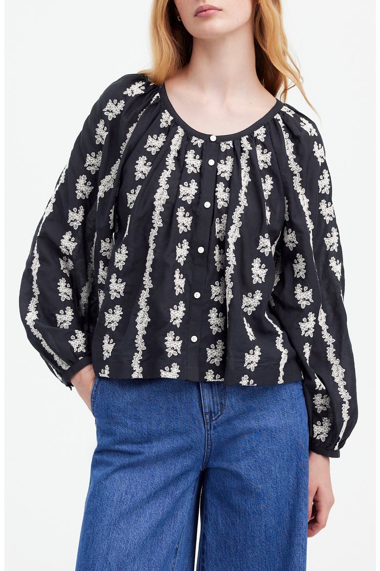 Embroidered Puff Sleeve A-Line Top, Main, color, TRUE BLACK