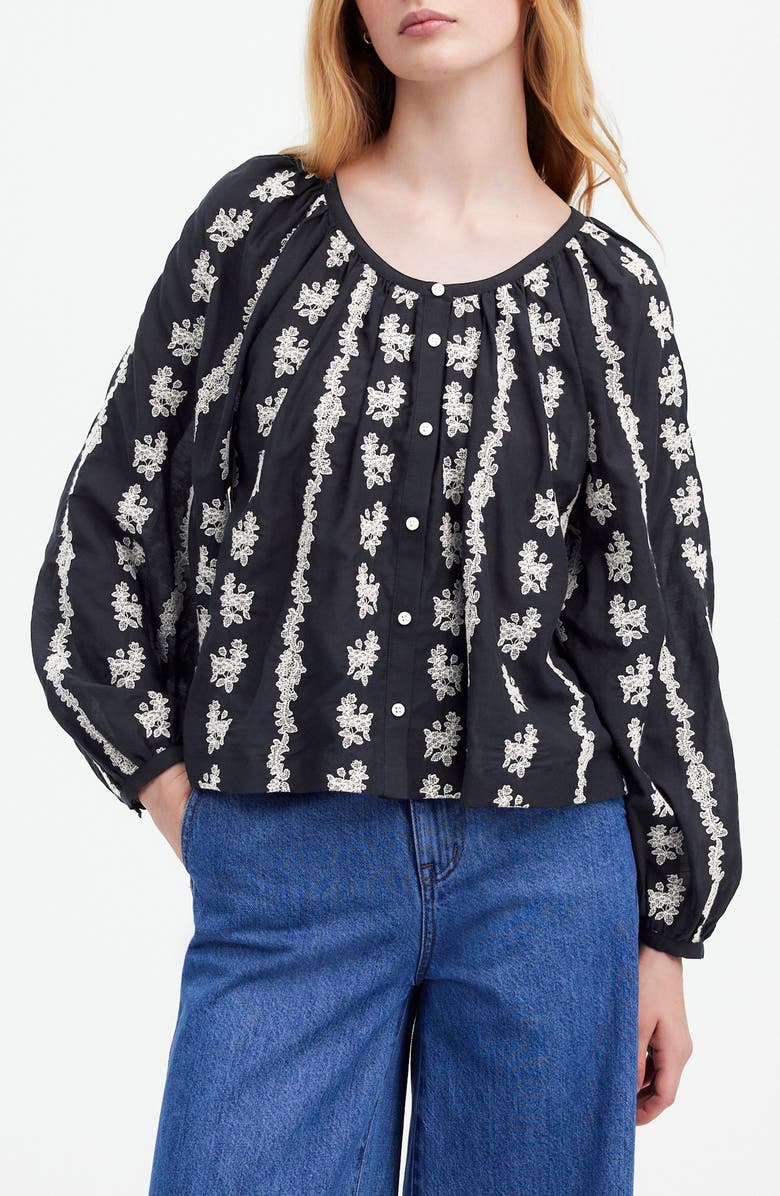 Madewell Embroidered Puff Sleeve A-Line Top, Main, color, True Black