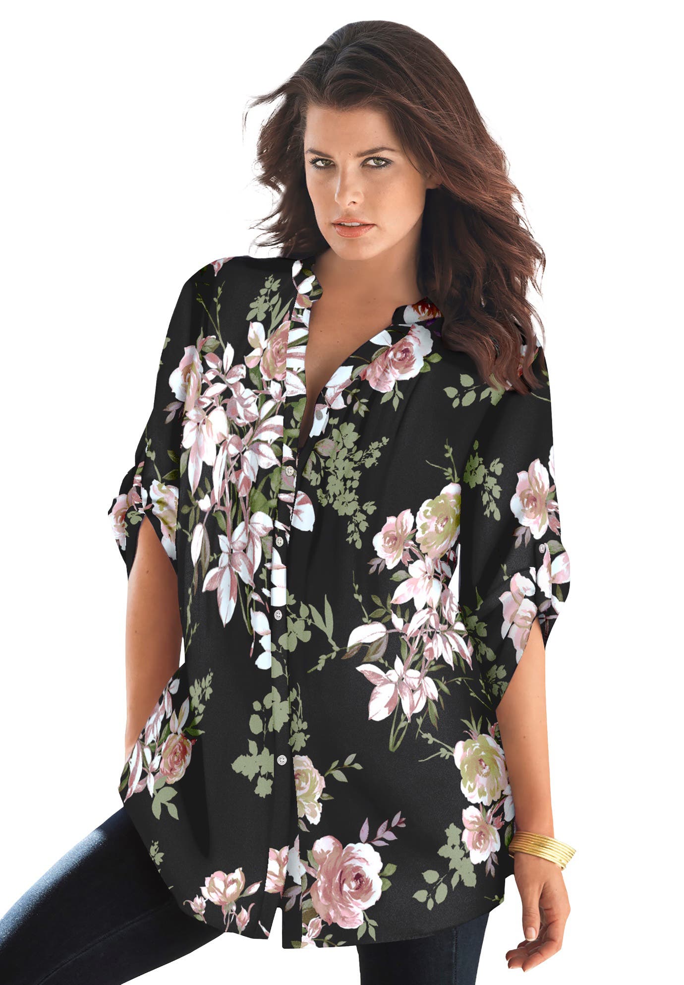 Pintuck Tunic Blouse Y-Neck & Roll-Tab Sleeves