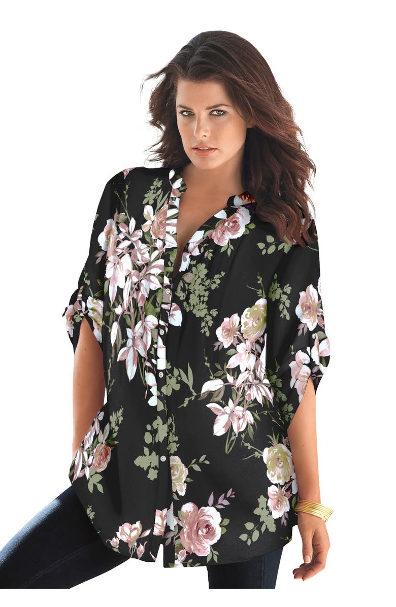 Roaman's Pintuck Tunic Blouse Y-Neck & Roll-Tab Sleeves, Main, color, Black Romantic Rose