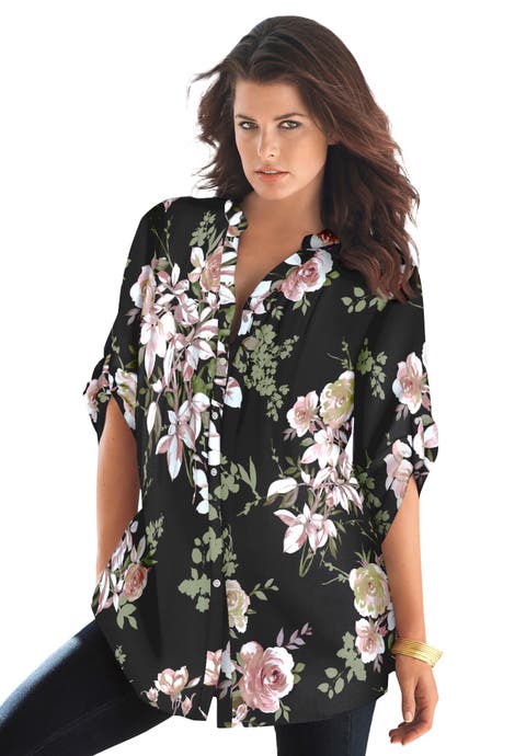 Pintuck Tunic Blouse Y-Neck & Roll-Tab Sleeves (Plus)
