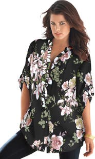 Roaman's Pintuck Tunic Blouse Y-Neck & Roll-Tab Sleeves
