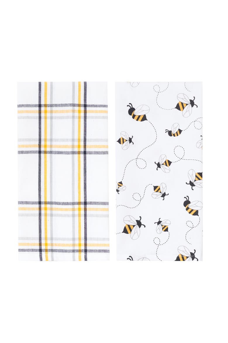 Honey Bee Yellow & Black Plaid Pattern Spring Summer Cotton Kitchen Dishtowels Set of 2, Main, color, White