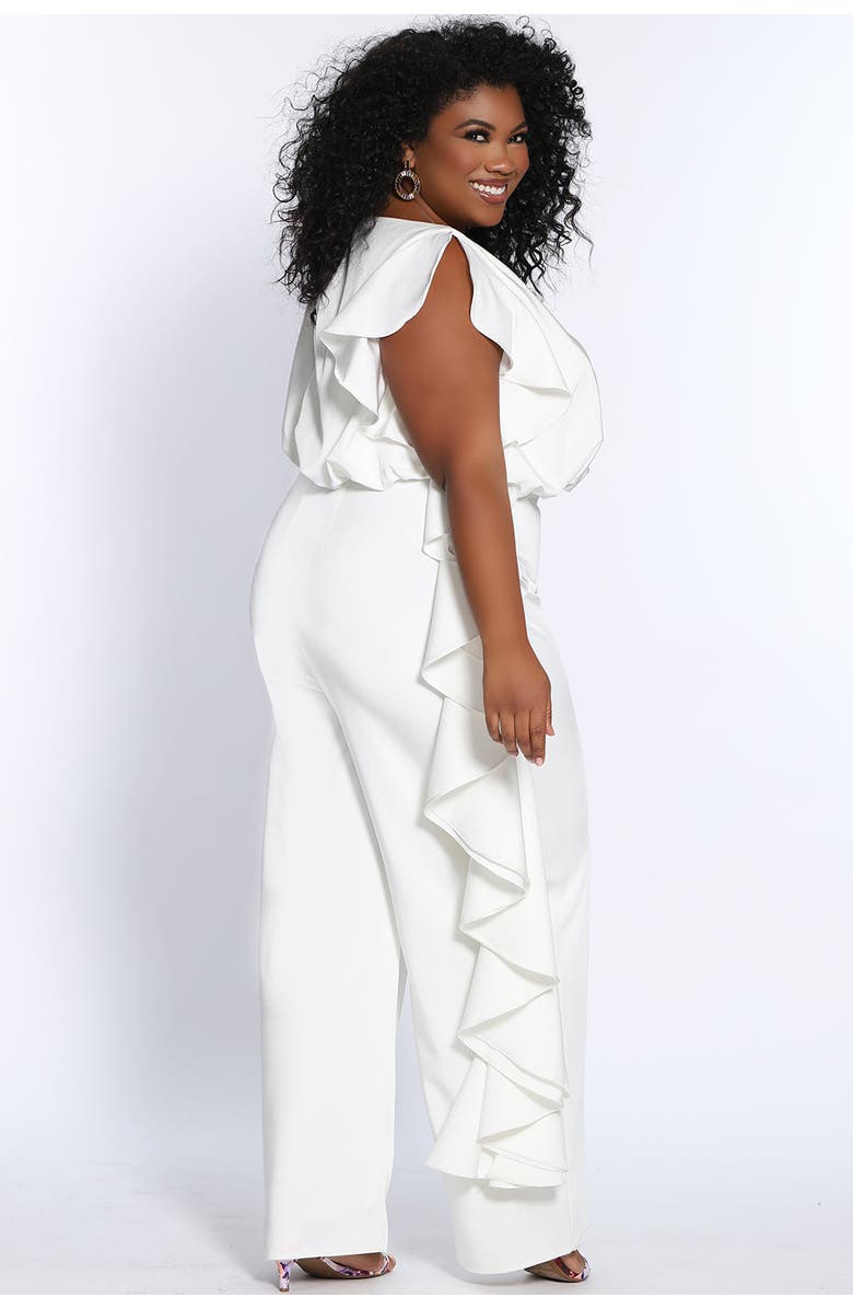 Celebrations by Sydney's Closet Plus Size Crepe Ruffle Jumpsuit, Alternate, color, Ivory