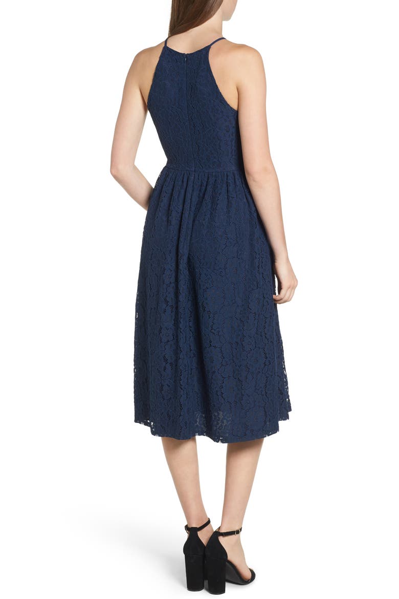 High Neck Lace Midi Dress, Alternate, color, NAVY