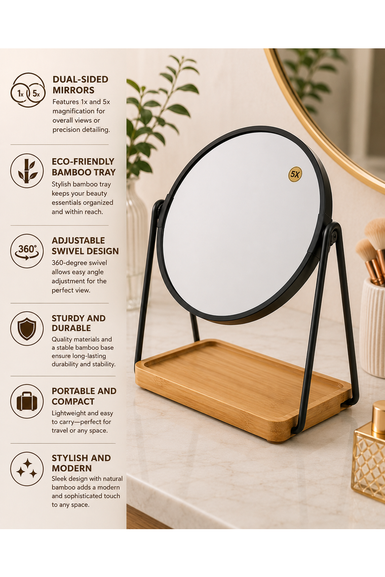 Dual Side Mirror With Wood Tray, Alternate, color, Black