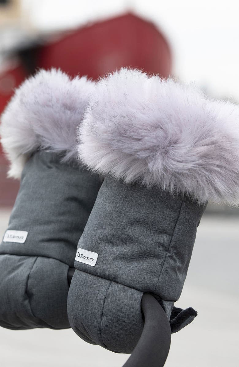 7 A.M. Enfant Tundra Faux Fur Trim Water Repellent Hand Warmer Stroller Muffs, Alternate, color, Dark Heather Grey Faux Fur