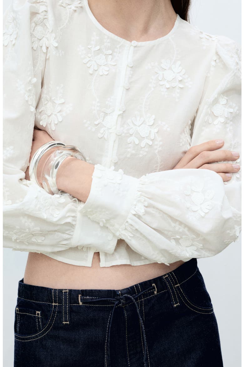 Floral Embroidered Cotton Peplum Button-Up Shirt, Alternate, color, OFF WHITE