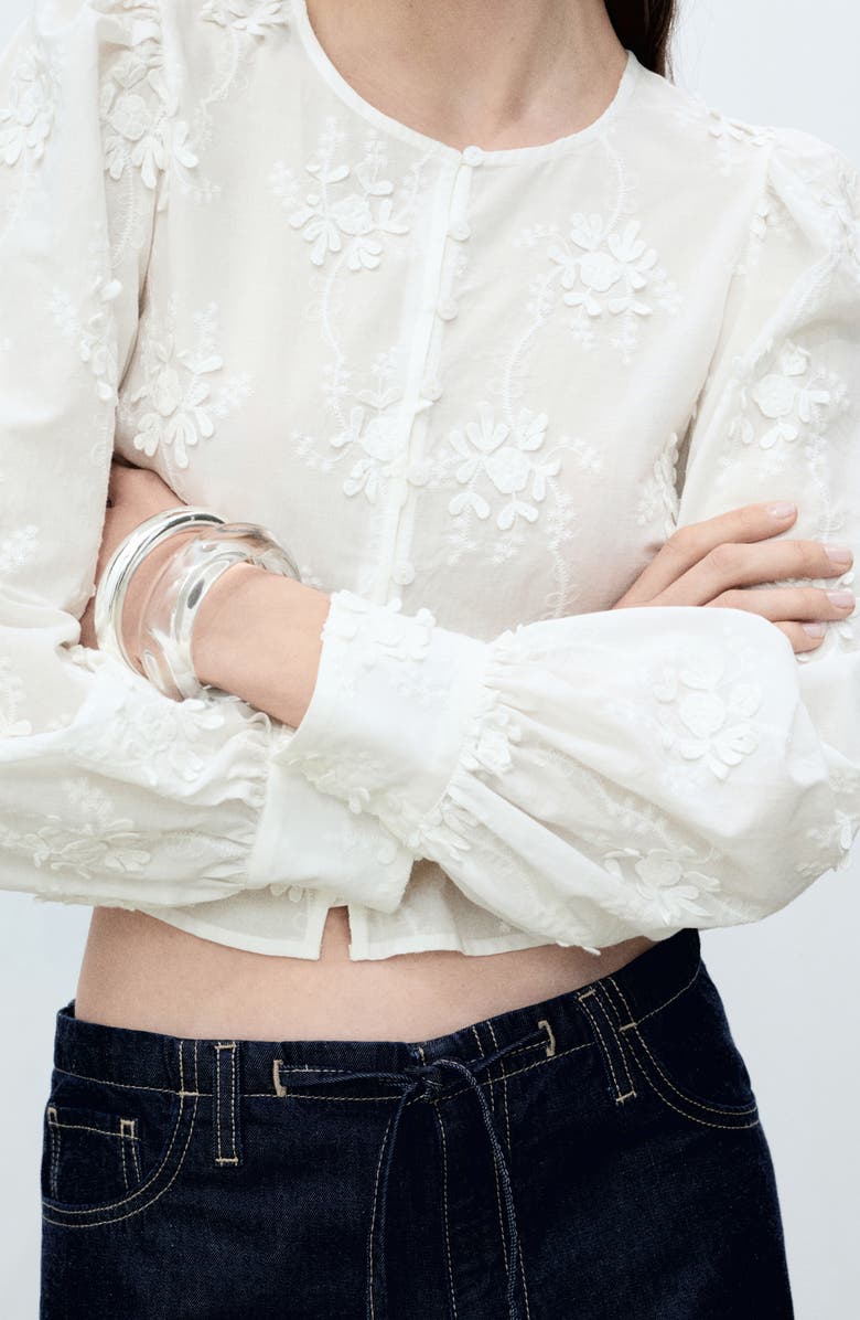MANGO Floral Embroidered Cotton Peplum Button-Up Shirt, Alternate, color, Off White