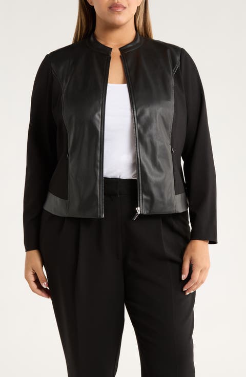 Faux Leather Mixed Media Jacket (Plus)