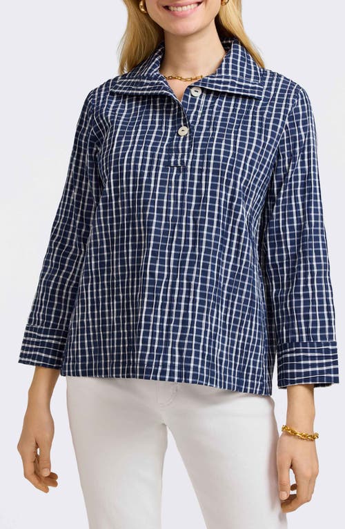 FOXCROFT FOXCROFT SAMMY CHECK CRINKLED COTTON BLEND TOP 