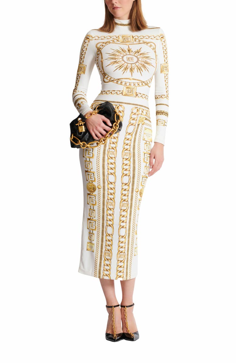 Balmain Long Printed Bodycon Dress With Balmain Foulard Pattern, Alternate, color, Gold