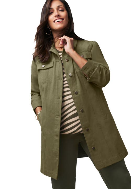 Jessica London Long Denim Jacket In Green