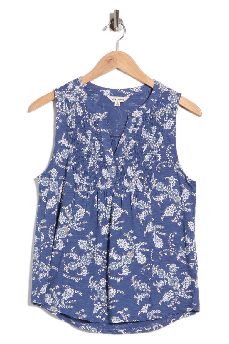 Print Smocked Tank, Alternate, color, NAVY FLORAL