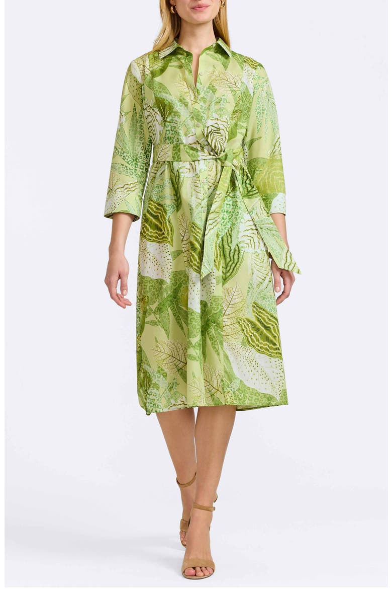 Fiona Botanical Print Belted Cotton Shirtdress, Main, color, GREEN MULTI
