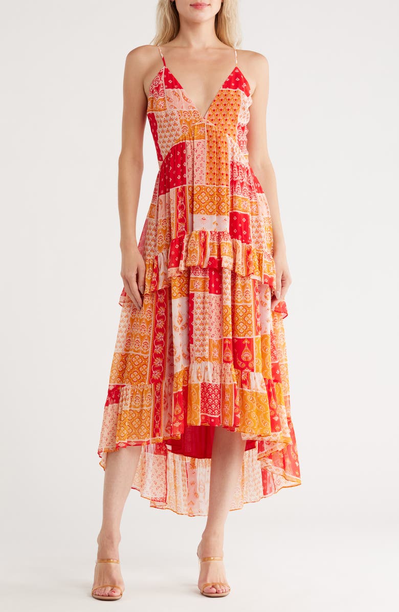 Ramy Brook Lura Patchwork Tiered High-Low Sundress, Main, color, Flame Capri Patchwork Print