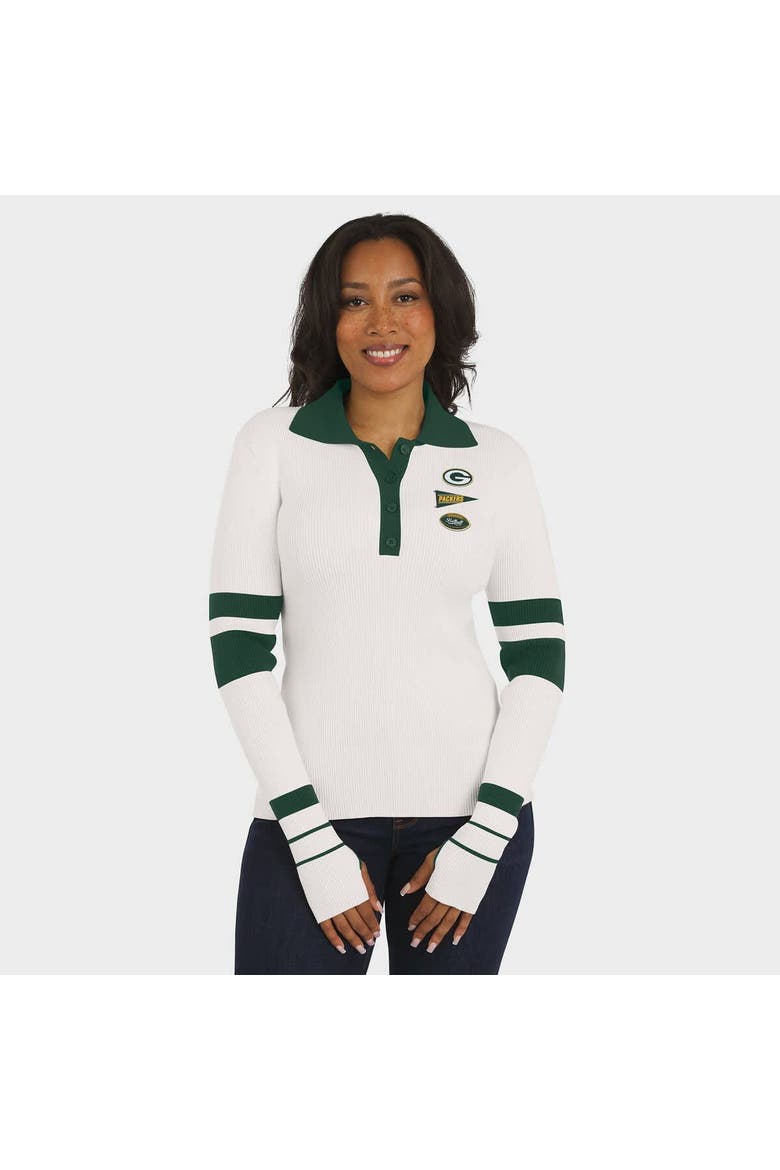 Women's WEAR by Erin Andrews White Green Bay Packers Ribbed Henley Polo Sweater, Alternate, color, White