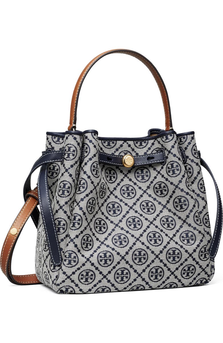 Tory Burch Romy T Monogram Jacquard & Leather Bucket Bag, Alternate, color, Tory Navy