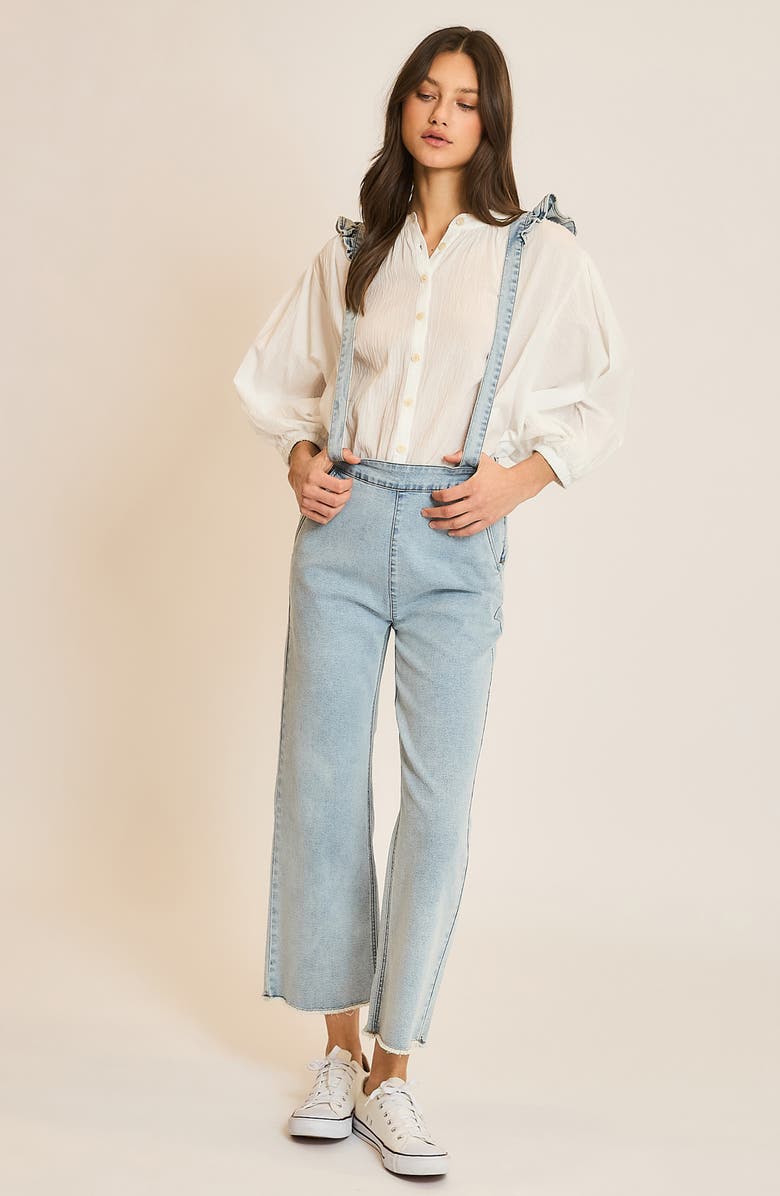 WISHLIST Ruffle Strap Denim Suspender Overalls, Alternate, color, L. Denim