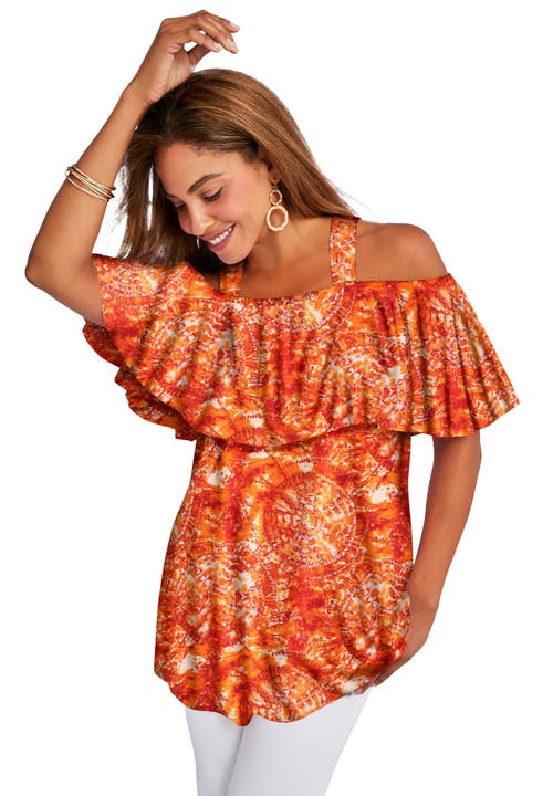 Jessica London Stretch Knit Cold Shoulder Ruffle Tunic In Multi