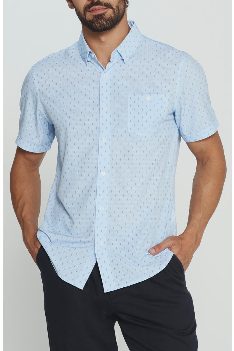 Renzo Textured Geo Pattern Short Sleeve Stretch Button-Up Shirt, Main, color, LIGHT BLUE