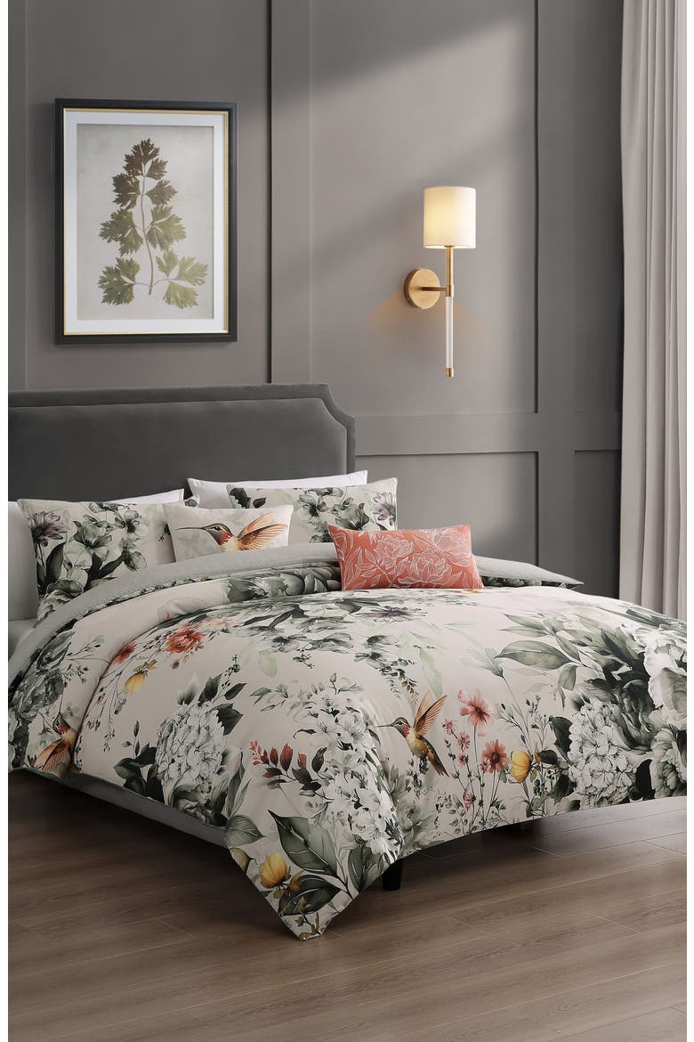 Hummingbird Bloom Reversible Cotton Sateen Comforter Set, Alternate, color, GREY