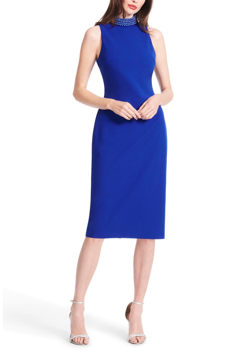 Stretch Crepe Mock Neck Sheath Dress, Alternate, color, ROYAL
