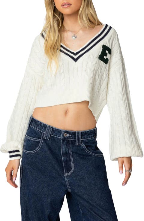 V-Neck Crop Cable Sweater