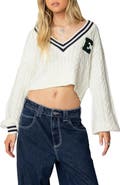 EDIKTED V-Neck Crop Cable Sweater