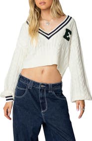 EDIKTED V-Neck Crop Cable Sweater