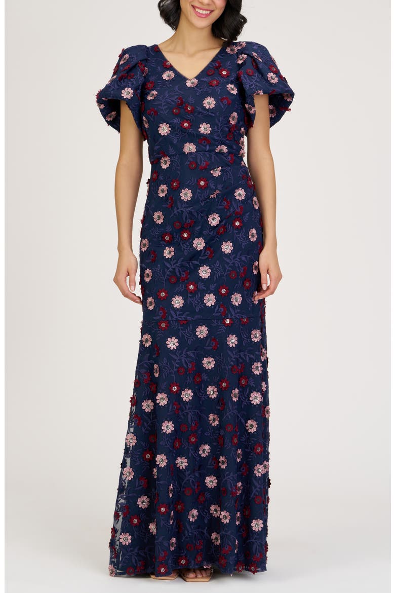 Jade Floral Appliqué Gown, Main, color, NAVY MULTI