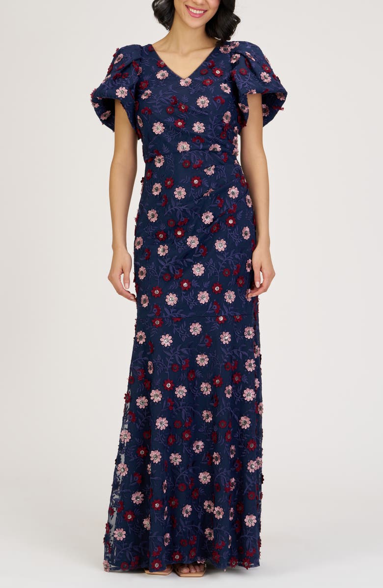 JS Collections Jade Floral Appliqué Gown, Main, color, Navy Multi