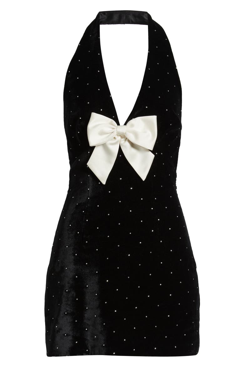 Kathy Bow & Rhinestone Halter Velvet Minidress, Alternate, color, BLACK