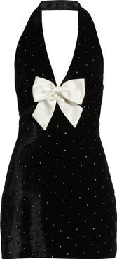 LoveShackFancy Kathy Bow & Rhinestone Halter Velvet Minidress