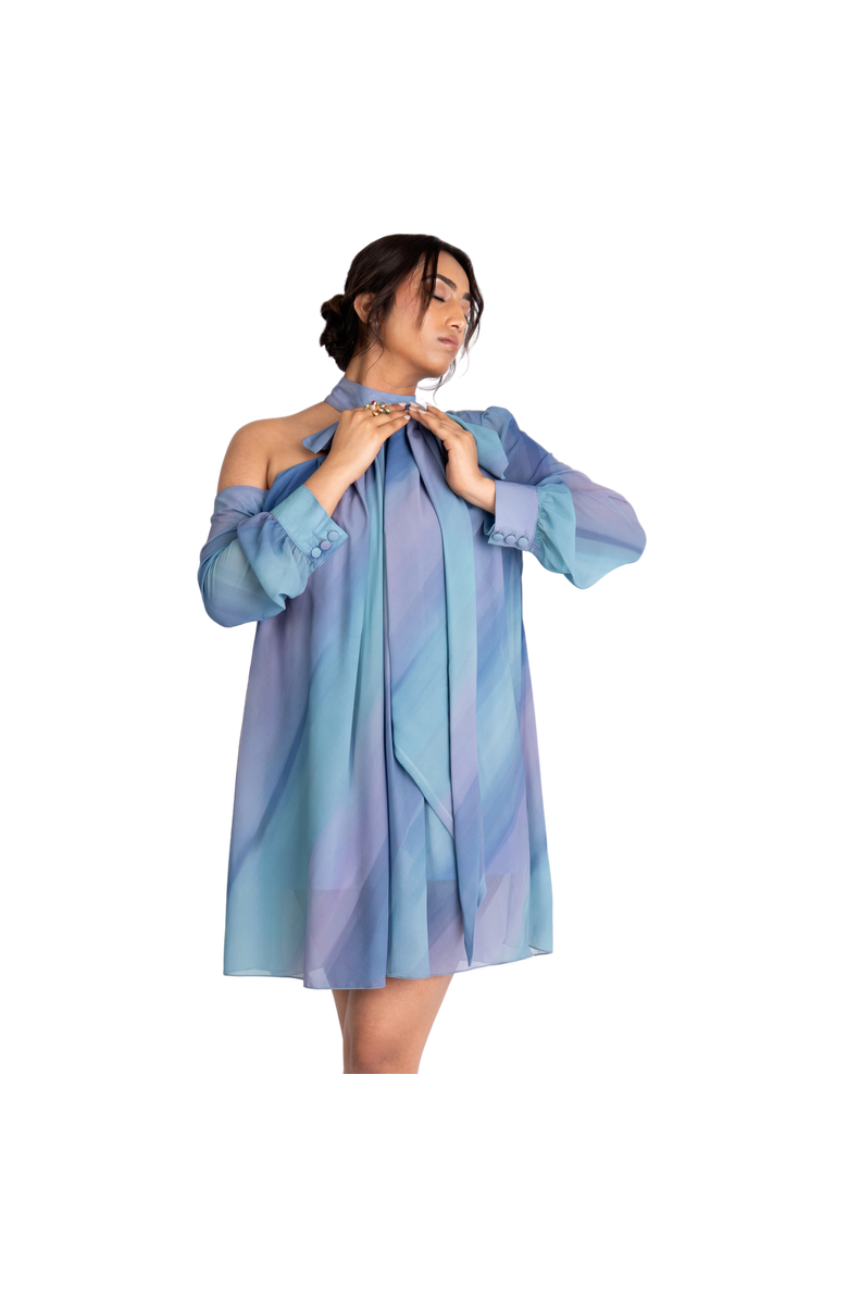 RICHANTEE Bow Tie Printed Mini Dress, Alternate, color, Azure