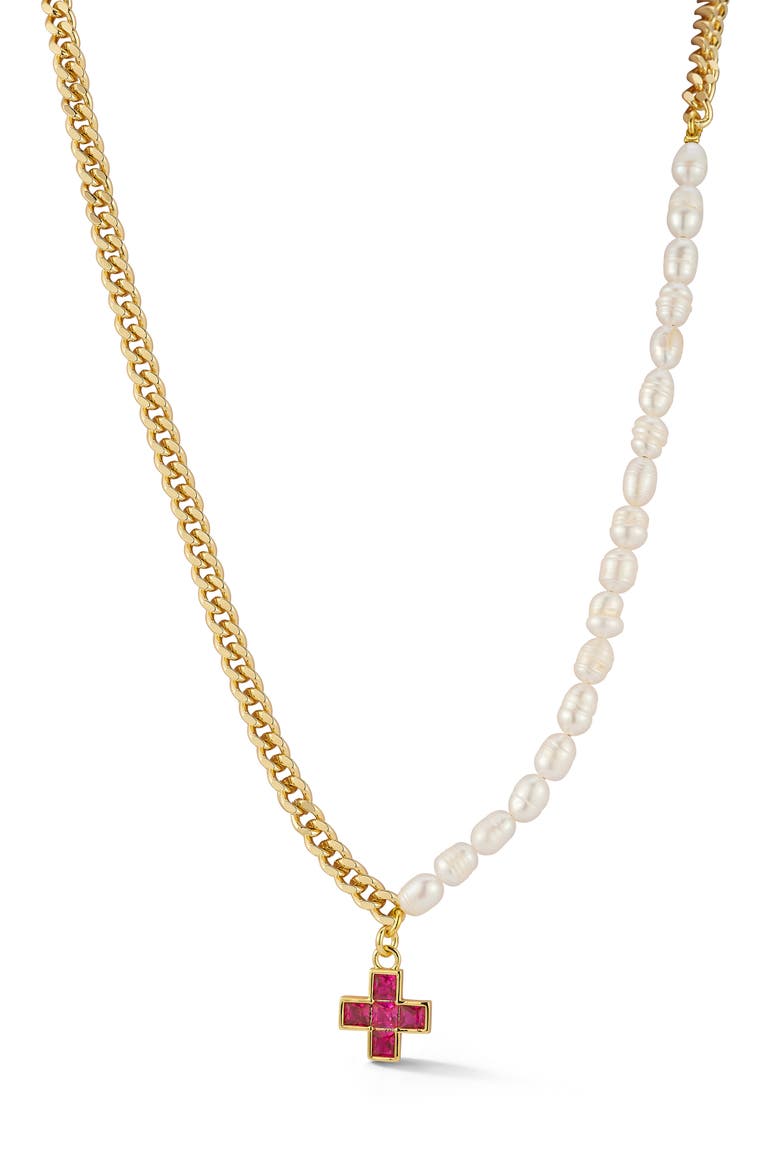 Partial Faux Pearl Cross Pendant Necklace, Main, color, GOLD
