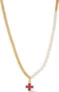 CHLOE AND MADISON Partial Faux Pearl Cross Pendant Necklace