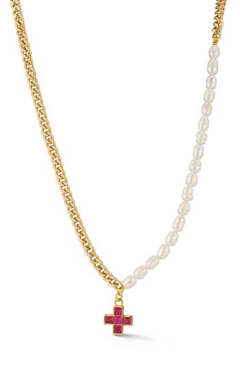 Chloe & Madison Chloe And Madison Partial Faux Pearl Cross Pendant Necklace In Gold